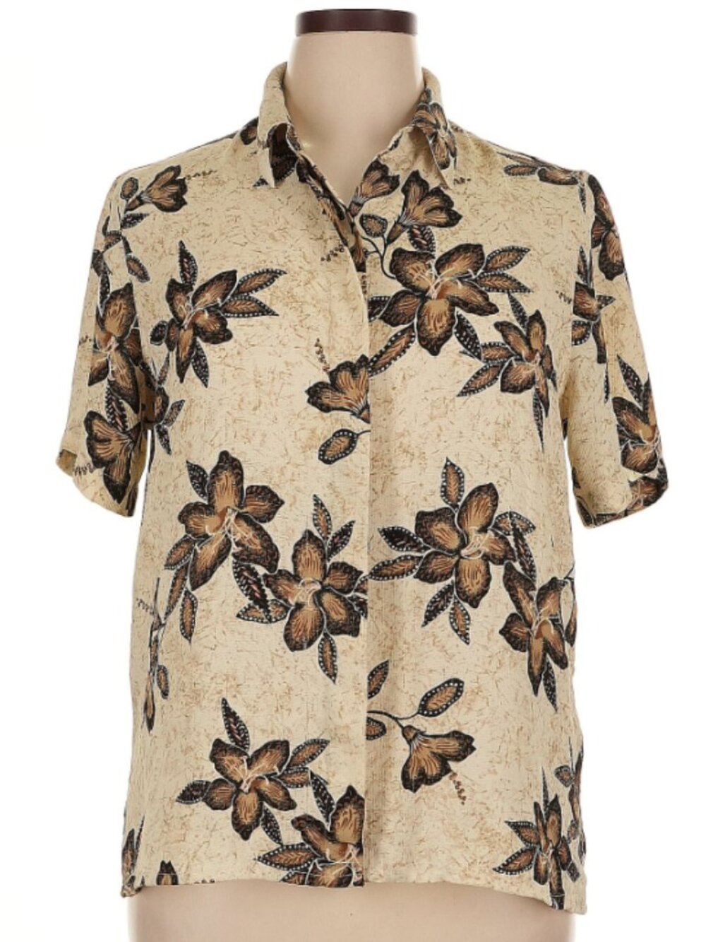 Alfred Dunner Hawaiian Tropical Floral Blouse Button Up Tan Brown Size 14
